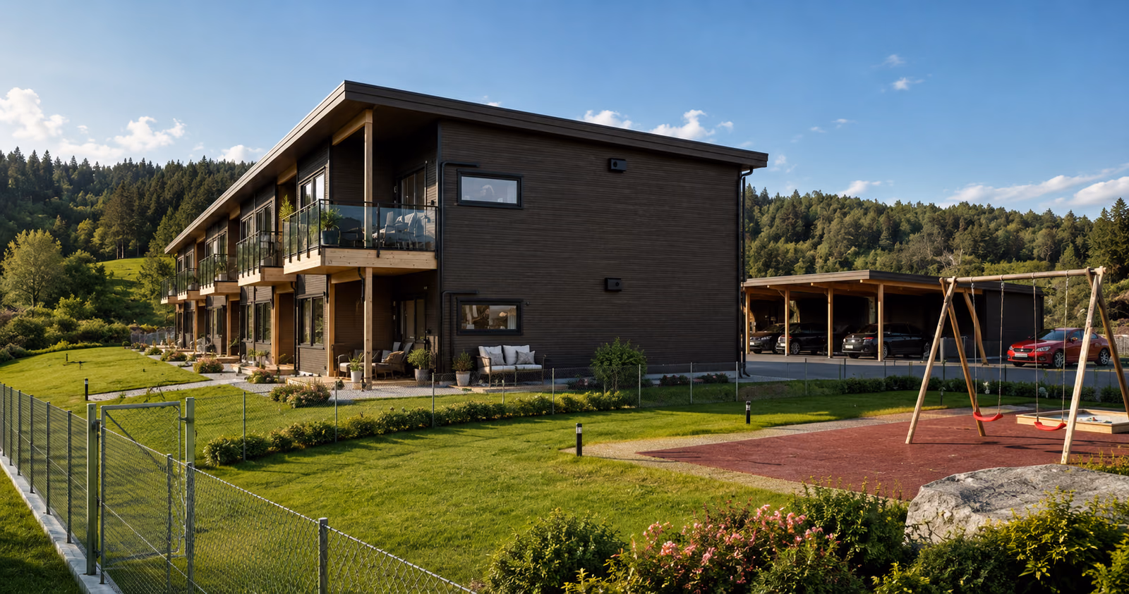 Leilighetsbygg i første byggetrinn i Vallegrenda med balkonger, carport og lekeplass