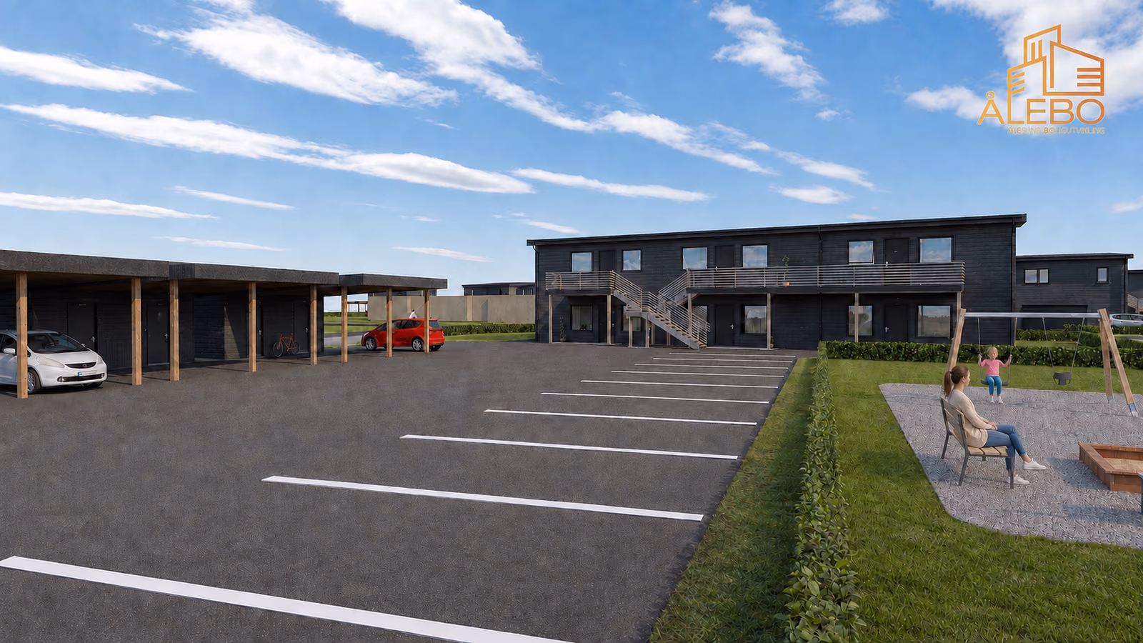 Leilighetsbygg i Vallegrenda med carporter og asfaltert parkering